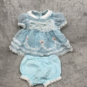 Sears Outfit Baby Girl 6-9 Month Blue Roses Frilly Lace Ruffles Golden Age 70s